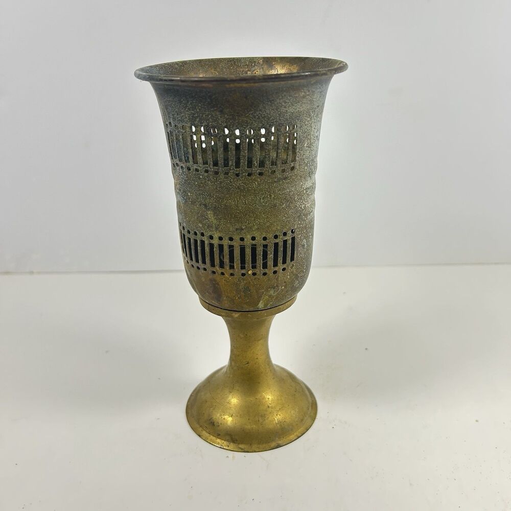 Vintage India Pierced Brass Chalice Candle Holder Goblet Pedestal Votive Boho